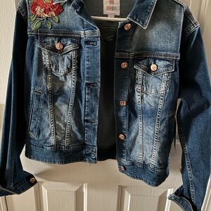 LuLaRoe Blue Denim Jacket with Red Floral Embroidery